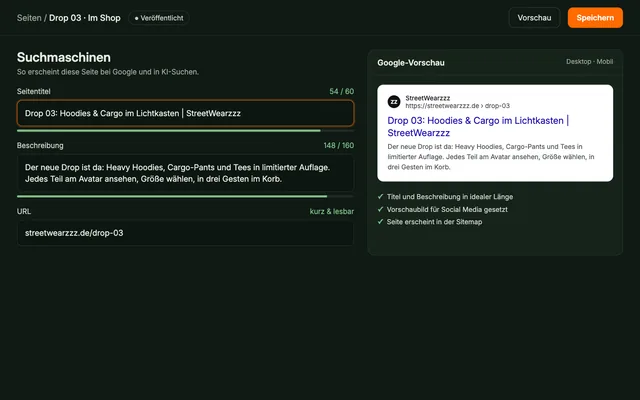 Suchmaschinen-Angaben im Webforging CMS mit Google-Vorschau