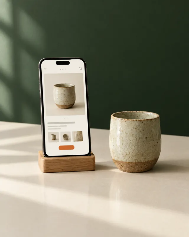 Smartphone mit einer Shop-Seite für eine Keramiktasse, daneben die Tasse selbst